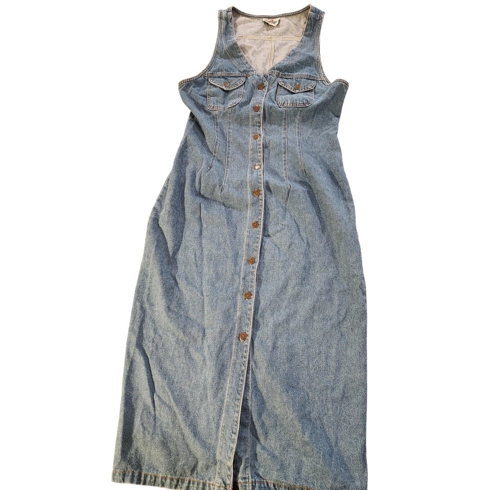 Vintage 90's Something Dress Womens XL Blue Denim Midi Made in USA Y2K Western